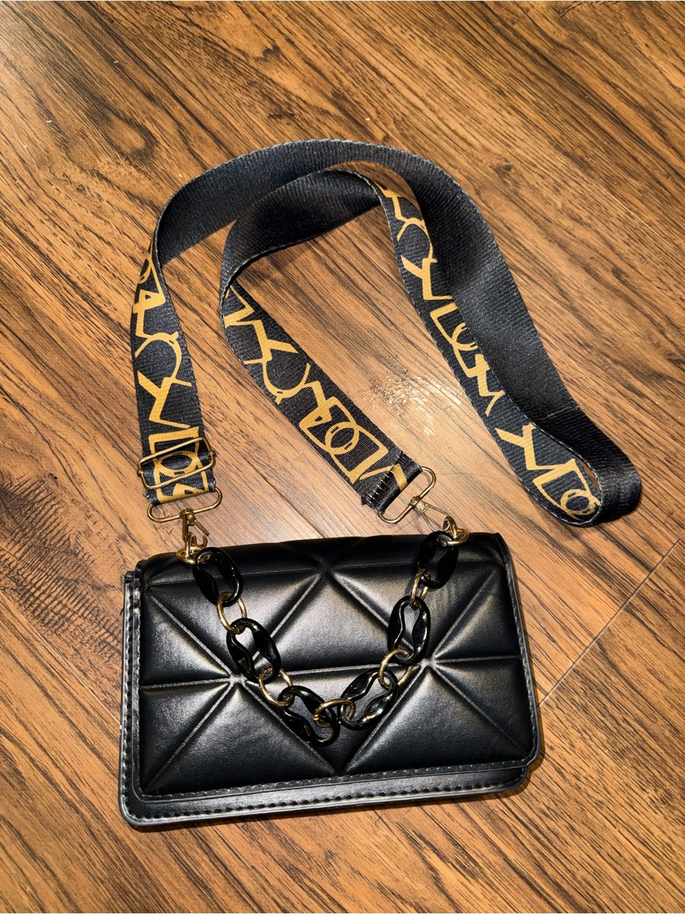 Black Quilted Crossbody Bag with Detachable Wide Logo-Print Strap